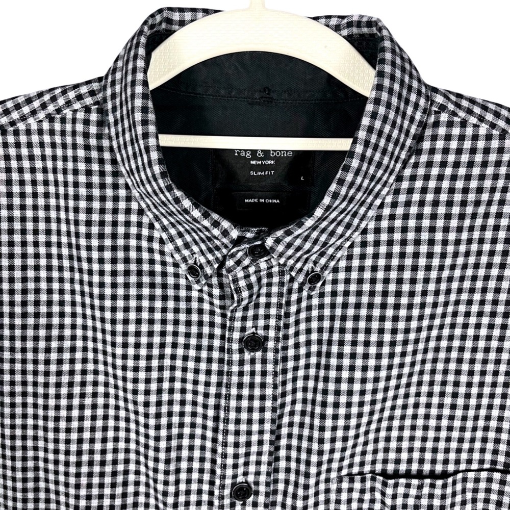 Rag & Bone Button Down Shirt Mens Large Black White Gingham Slim Fit Long Sleeve